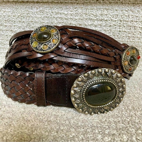 Vintage Dk Brown Braided Woven Concha's Stones Substantial Hardware Leather Belt - Picture 1 of 15